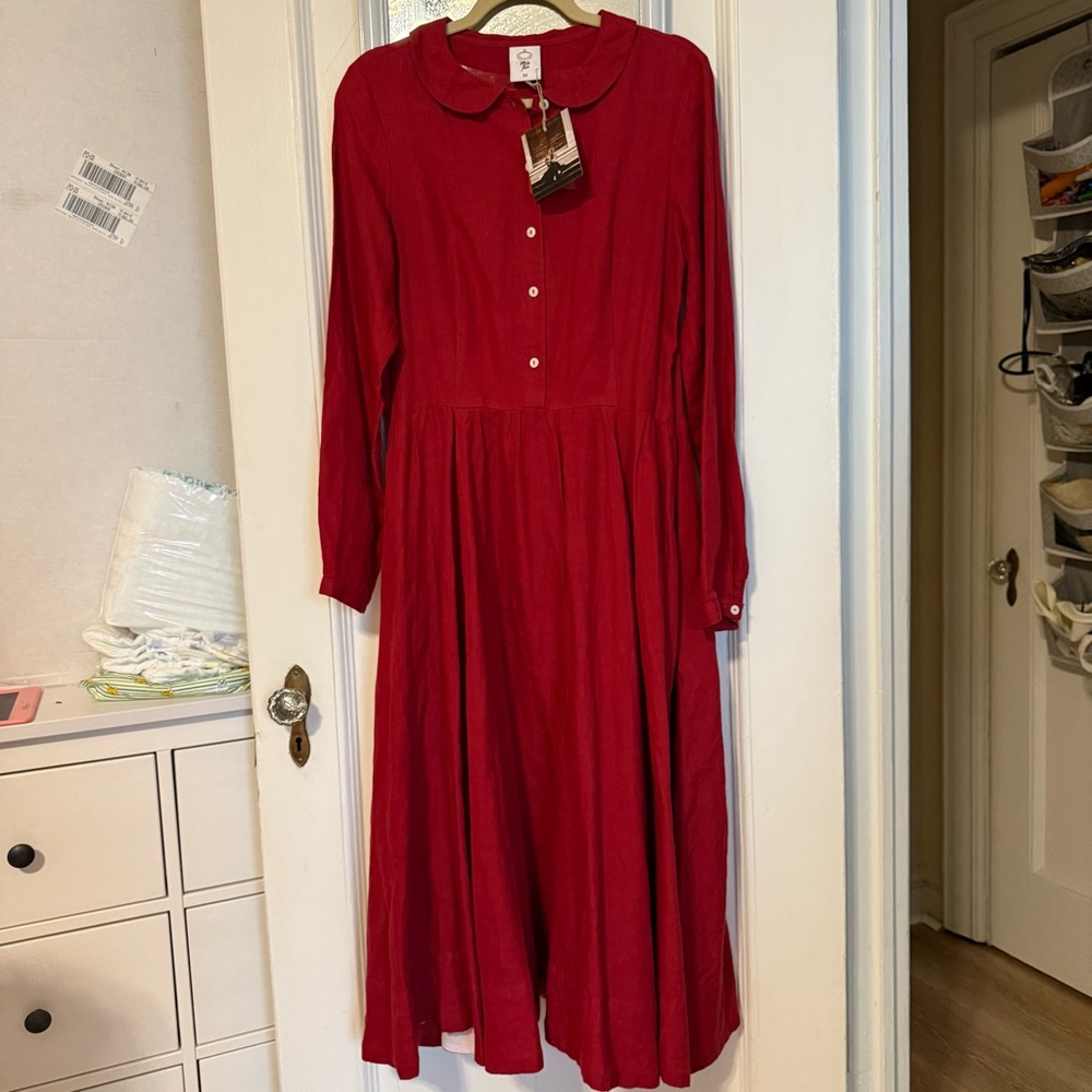Son de Flor poppy Red Long Sleeve classic dress with Peter Pan Collar